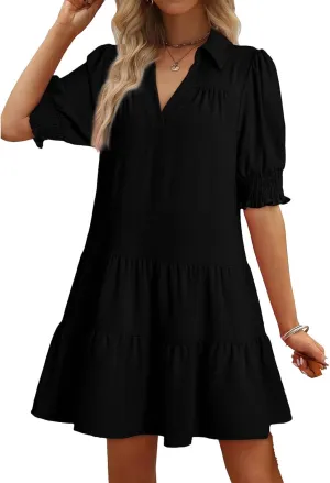 Casual Summer Dresses for Women Lapel Collared V Neck Midi Dress Puff Short Sleeve Ruffle Tiered Dress Sundresses