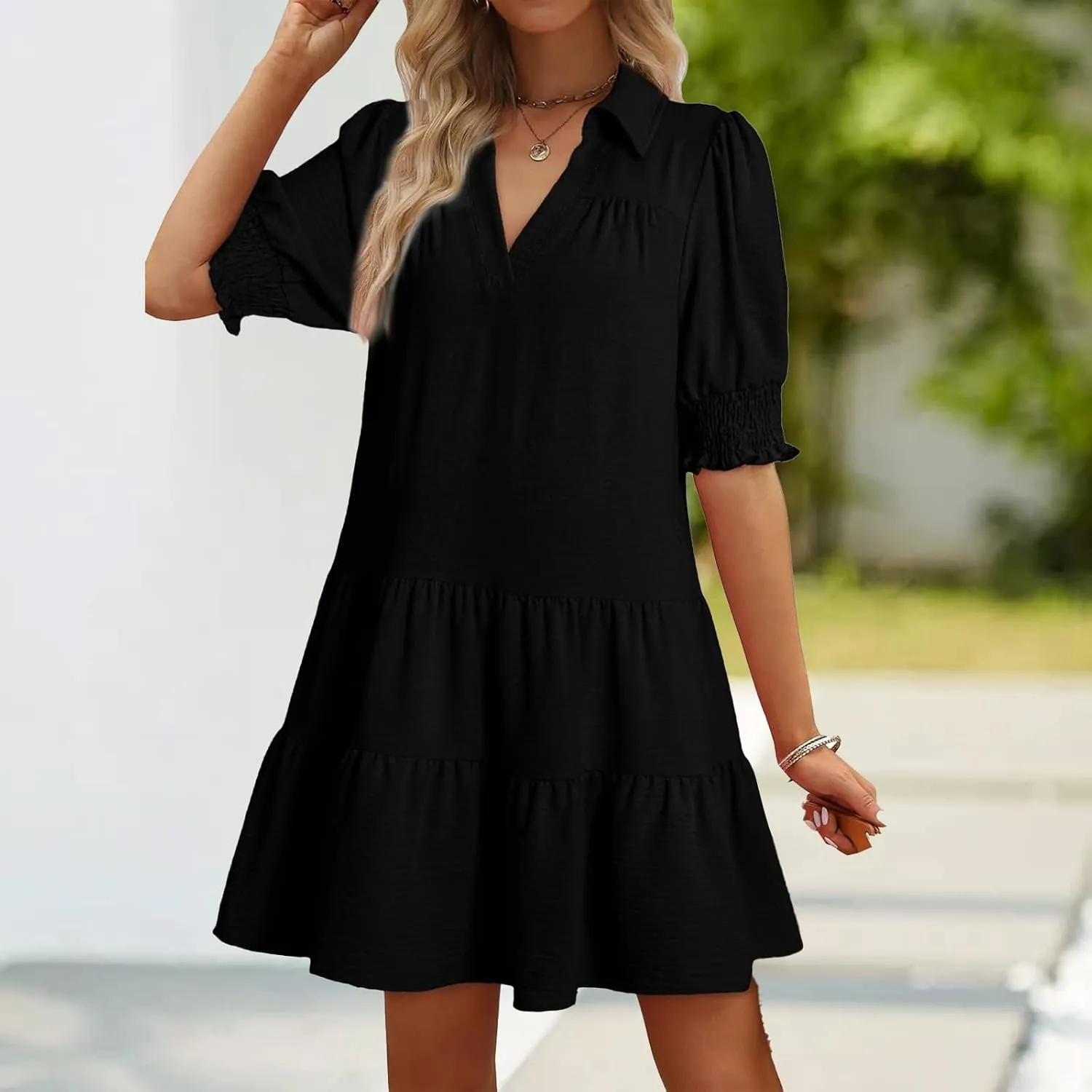 Casual Summer Dresses for Women Lapel Collared V Neck Midi Dress Puff Short Sleeve Ruffle Tiered Dress Sundresses
