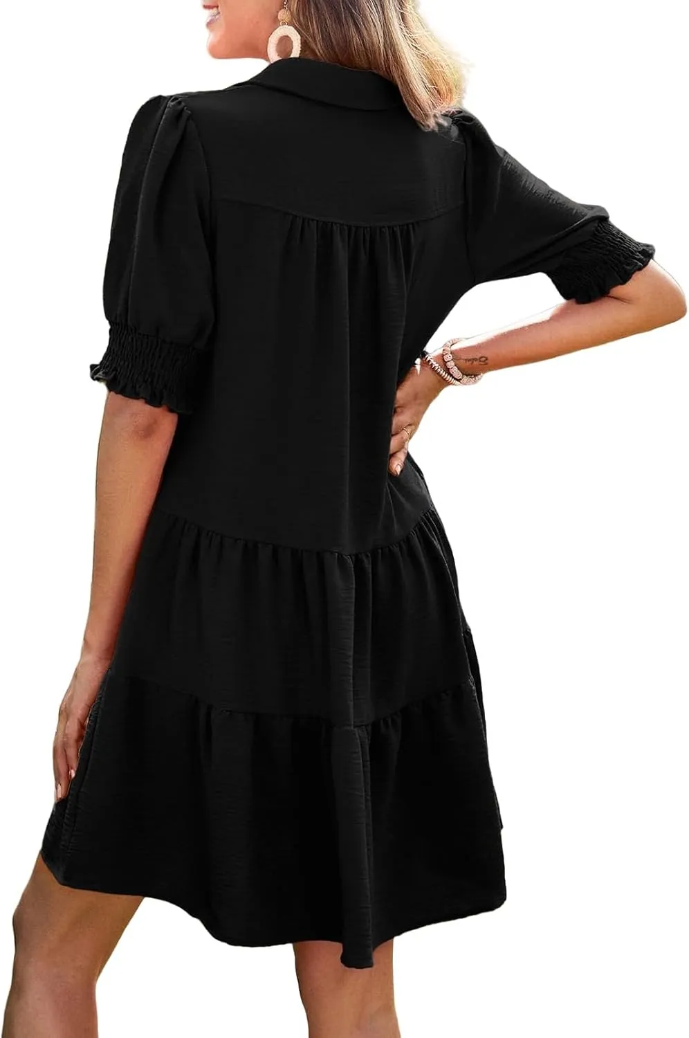 Casual Summer Dresses for Women Lapel Collared V Neck Midi Dress Puff Short Sleeve Ruffle Tiered Dress Sundresses