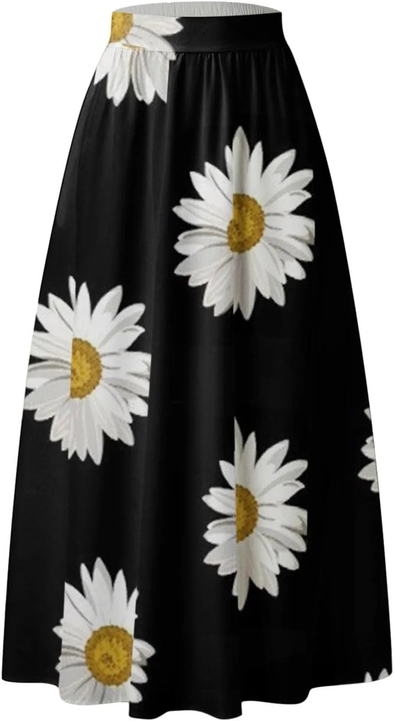 Casual Summer Skirt for Women 2023 Boho High Waist Boho Printed Loose Hem Swing Long Maxi Skirt with Pocket Party Flowy