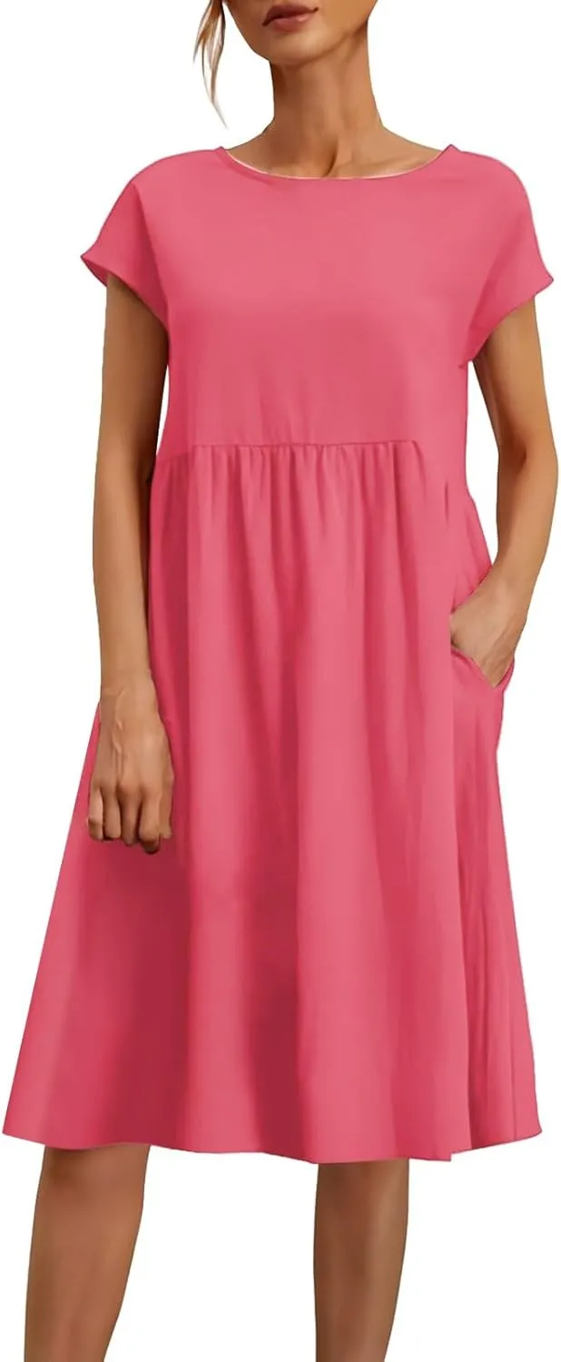 Cotton Dresses for Women 2025 Summer Short Sleeve Midi Dress Casual Loose Beach Dress with Pockets Vacation Outfits