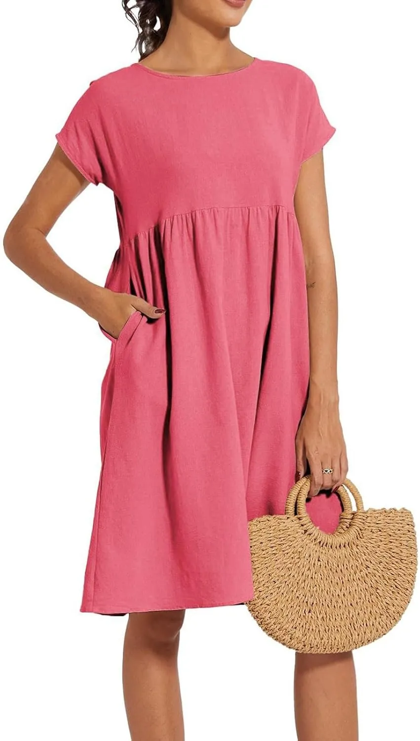 Cotton Dresses for Women 2025 Summer Short Sleeve Midi Dress Casual Loose Beach Dress with Pockets Vacation Outfits