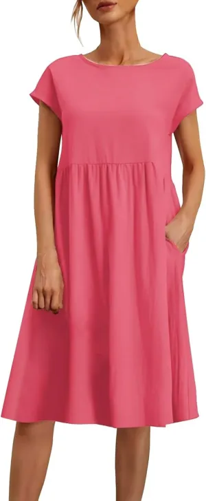 Cotton Dresses for Women 2025 Summer Short Sleeve Midi Dress Casual Loose Beach Dress with Pockets Vacation Outfits