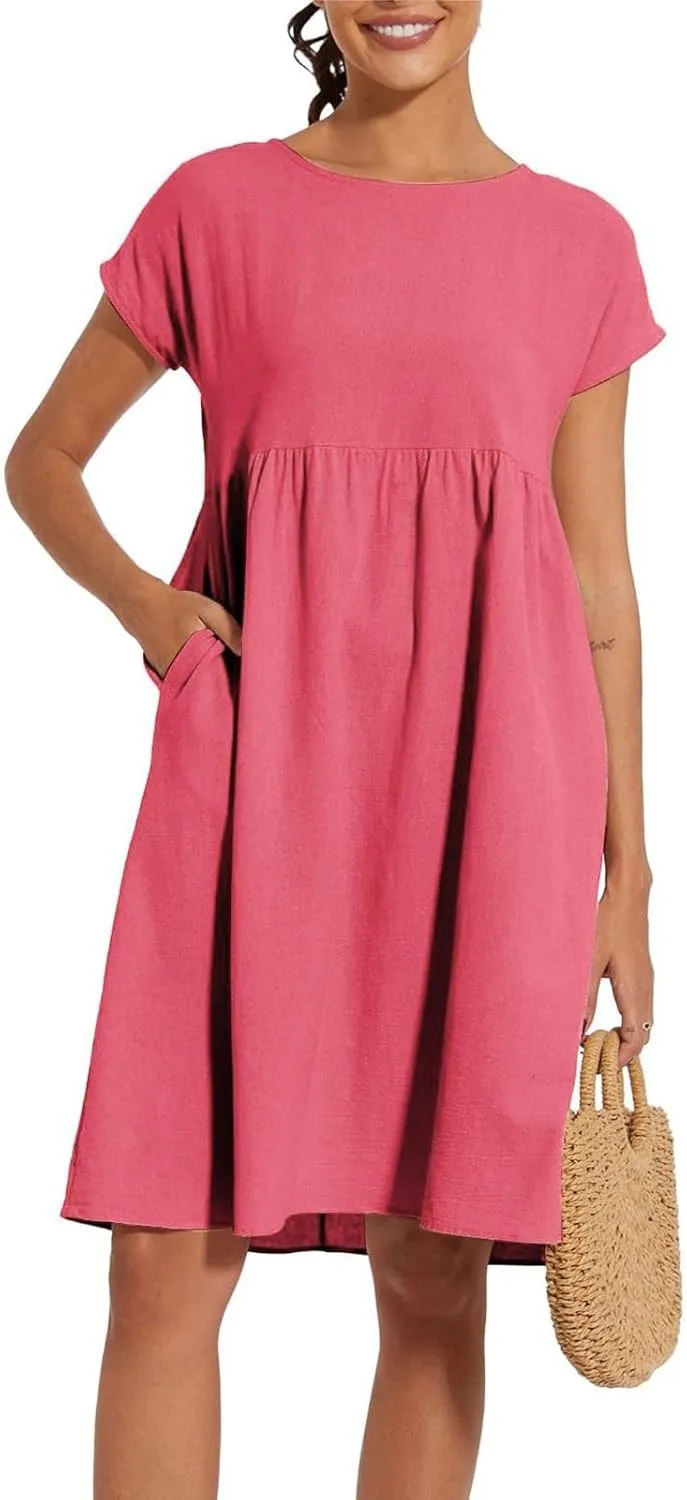 Cotton Dresses for Women 2025 Summer Short Sleeve Midi Dress Casual Loose Beach Dress with Pockets Vacation Outfits