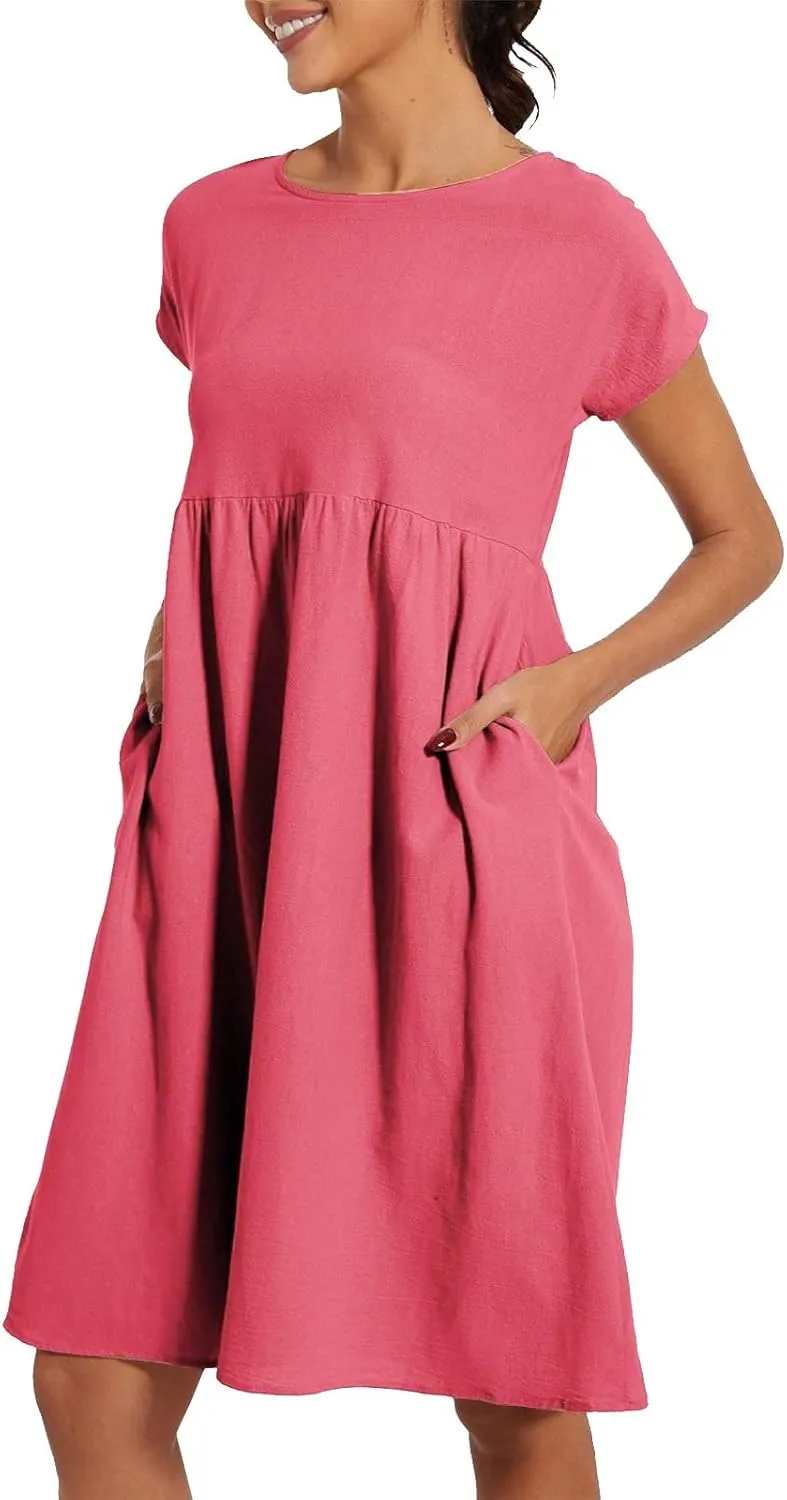 Cotton Dresses for Women 2025 Summer Short Sleeve Midi Dress Casual Loose Beach Dress with Pockets Vacation Outfits