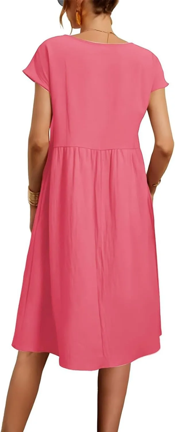 Cotton Dresses for Women 2025 Summer Short Sleeve Midi Dress Casual Loose Beach Dress with Pockets Vacation Outfits