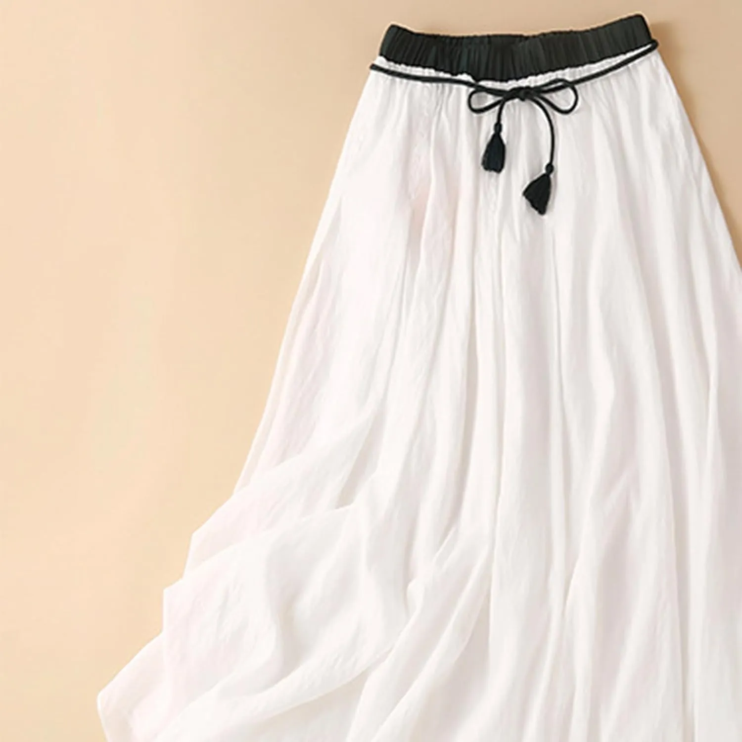 Cotton Linen Skirt for Women 2025 Trendy Solid Vintage Layered A-Line Flared Skirts Casual Elastic Waist Maxi Skirt
