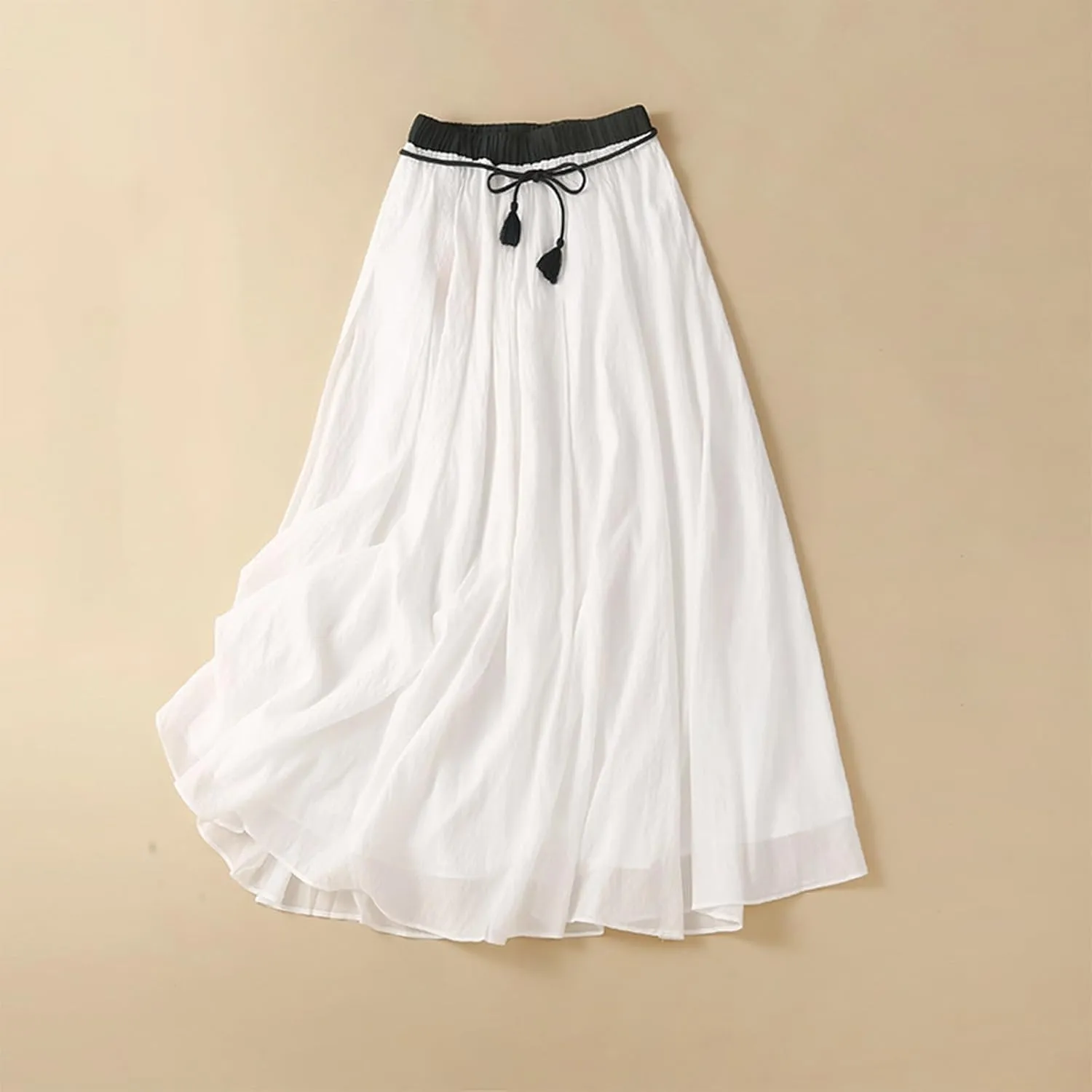 Cotton Linen Skirt for Women 2025 Trendy Solid Vintage Layered A-Line Flared Skirts Casual Elastic Waist Maxi Skirt
