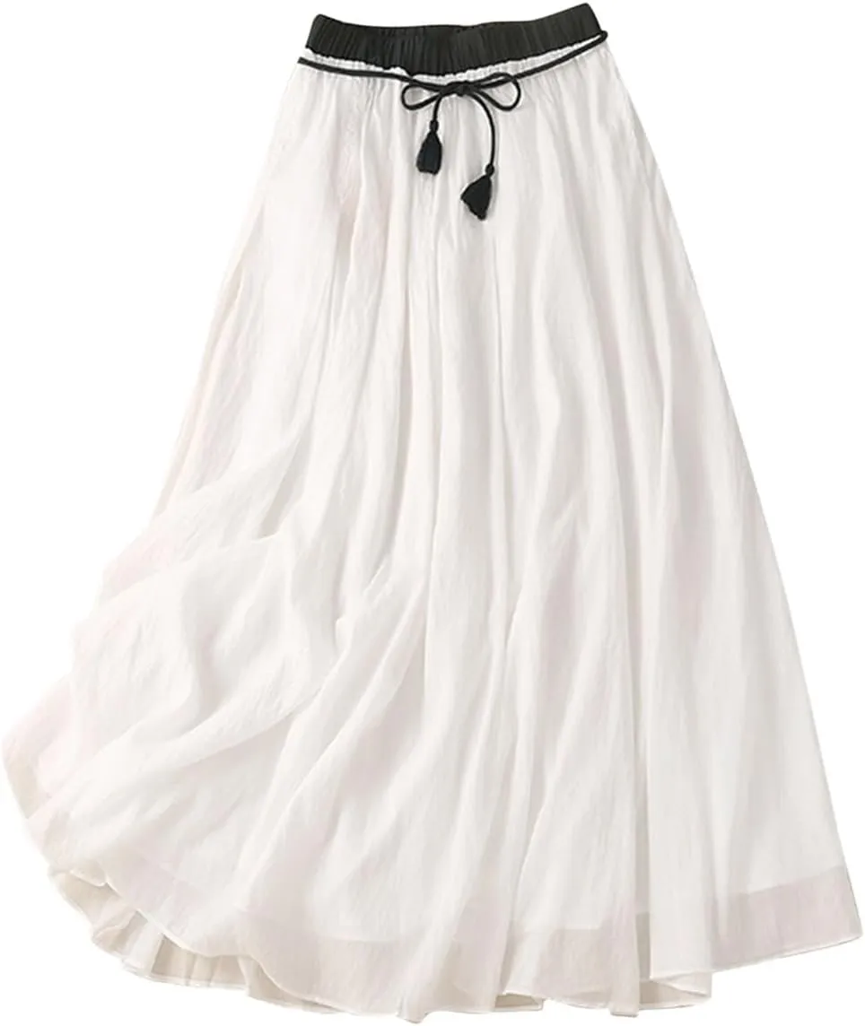 Cotton Linen Skirt for Women 2025 Trendy Solid Vintage Layered A-Line Flared Skirts Casual Elastic Waist Maxi Skirt