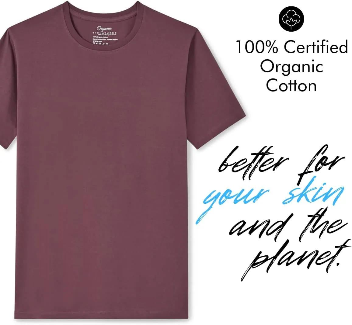 Crewneck 100% Certified Organic Cotton, Soft Shirts for Men