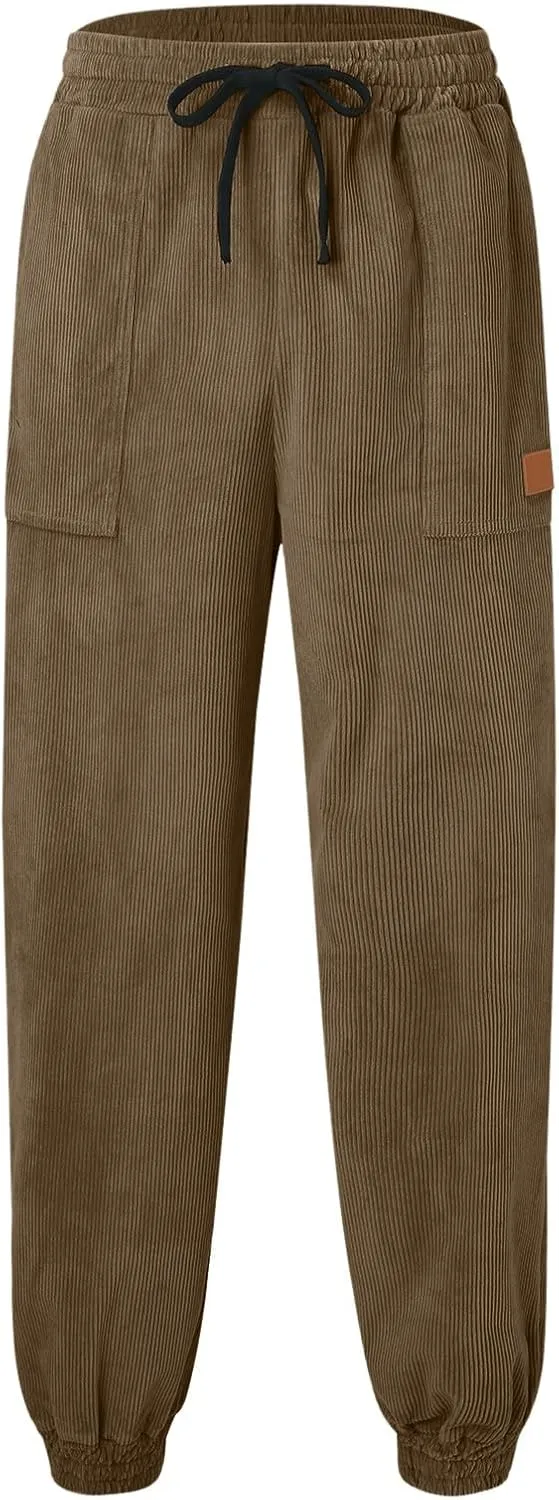 CRNTCEM Mens Corduory Sweatpants Stretchy Chino Cotton Athletic Workout Joggers Winter Cozy Cuffed Running Fitness Pants