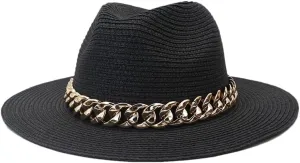 DBFBDTU Chain Belt Panama Straw Hats for Women Breathable Beach Hats Elegant Ladies Party Jazz Cap Black 56-58CM