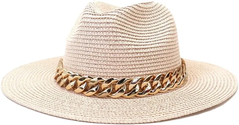 DBFBDTU Chain Belt Panama Straw Hats for Women Breathable Beach Hats Elegant Ladies Party Jazz Cap pnnrk 56-58CM