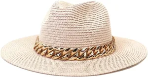 DBFBDTU Chain Belt Panama Straw Hats for Women Breathable Beach Hats Elegant Ladies Party Jazz Cap pnnrk 56-58CM