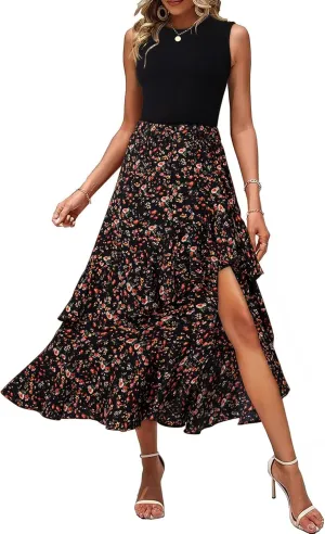 Dokotoo Women's 2025 Sleeveless Spring Summer Dresses Casual Boho Crewneck Floral Boho Cocktail Party Dresses