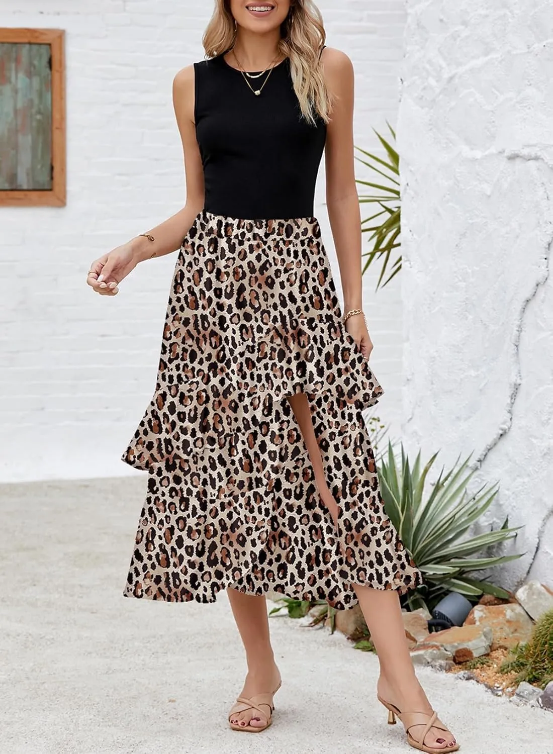 Dokotoo Women's 2025 Sleeveless Spring Summer Dresses Casual Boho Crewneck Floral Boho Cocktail Party Dresses