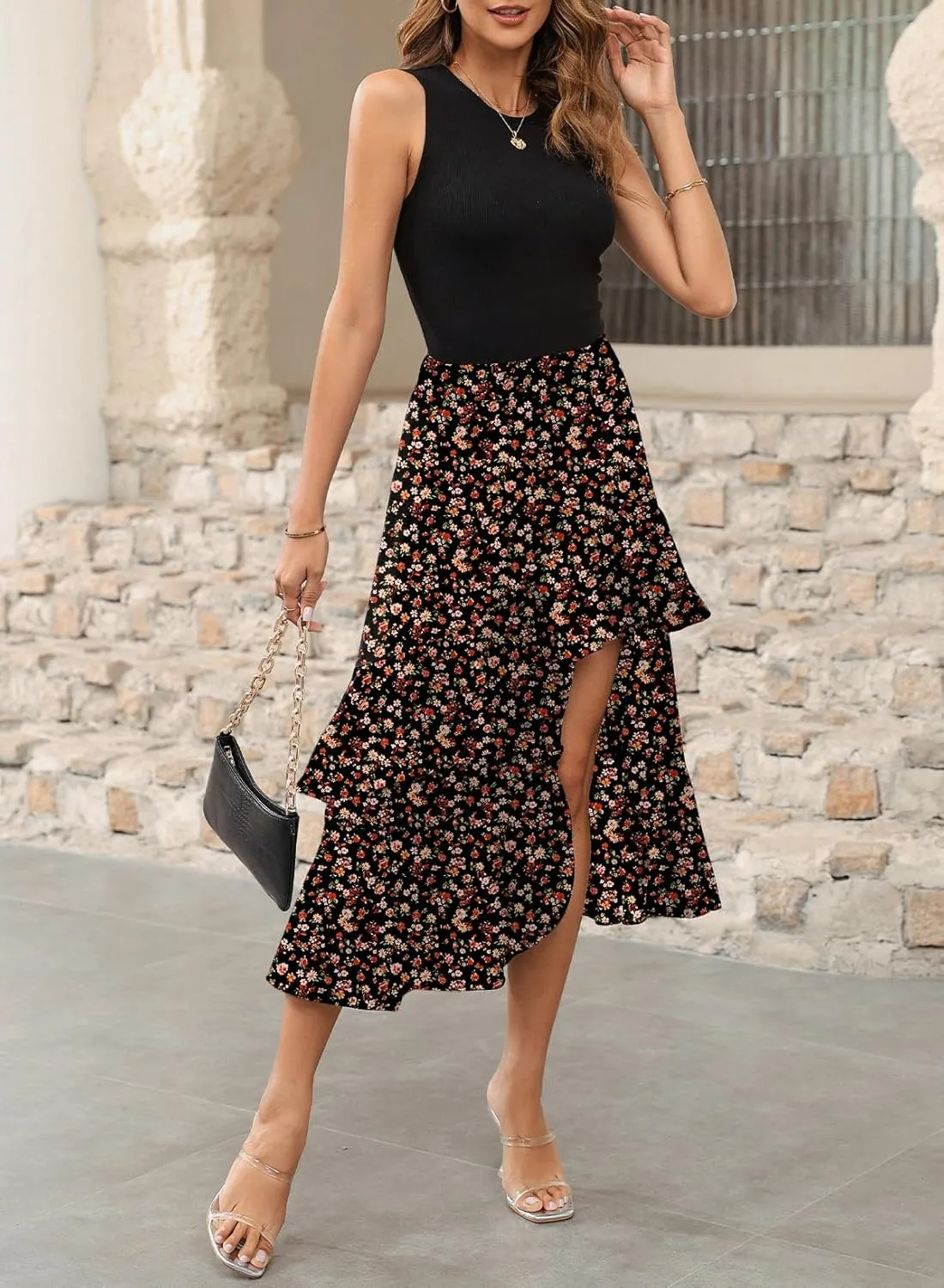 Dokotoo Women's 2025 Sleeveless Spring Summer Dresses Casual Boho Crewneck Floral Boho Cocktail Party Dresses