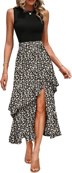 Dokotoo Women's 2025 Sleeveless Spring Summer Dresses Casual Boho Crewneck Floral Boho Cocktail Party Dresses