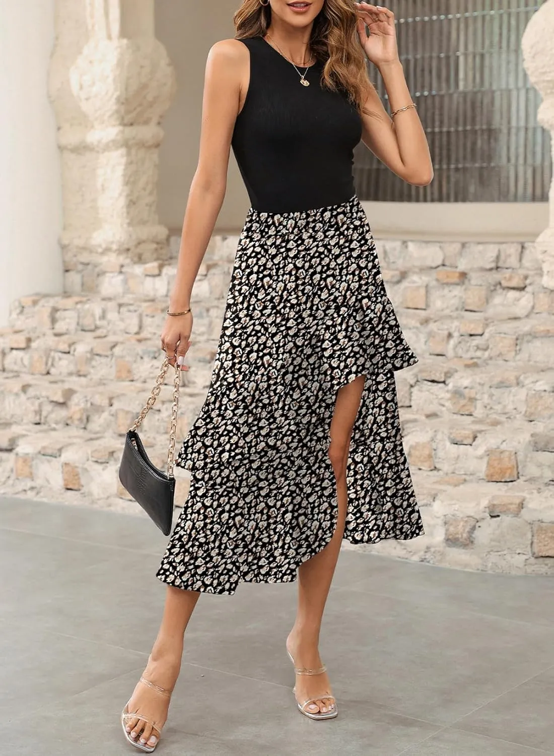 Dokotoo Women's 2025 Sleeveless Spring Summer Dresses Casual Boho Crewneck Floral Boho Cocktail Party Dresses