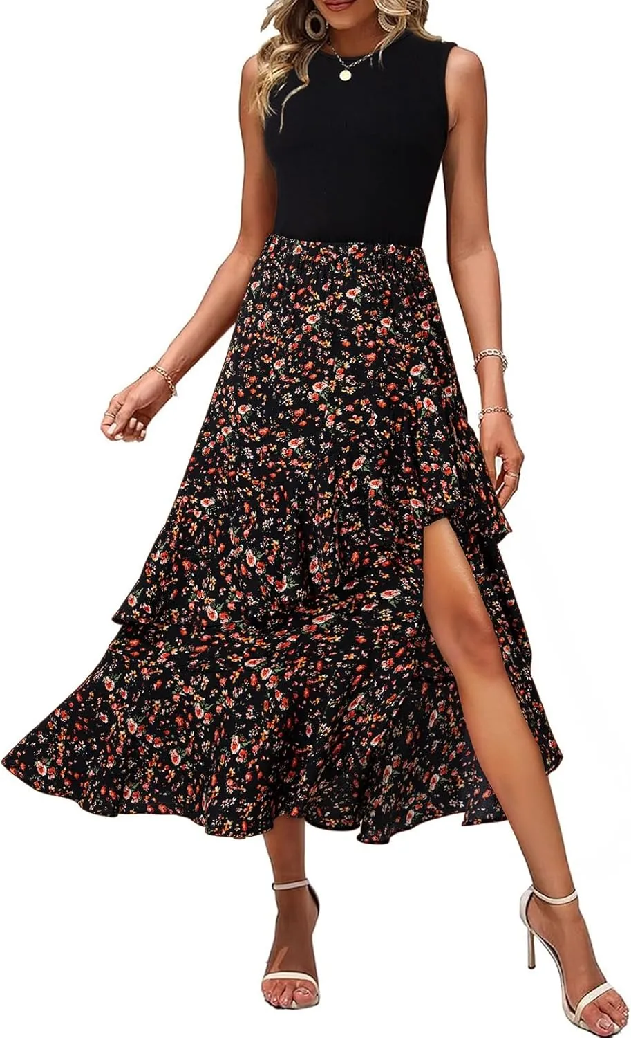 Dokotoo Women's 2025 Sleeveless Spring Summer Dresses Casual Boho Crewneck Floral Boho Cocktail Party Dresses