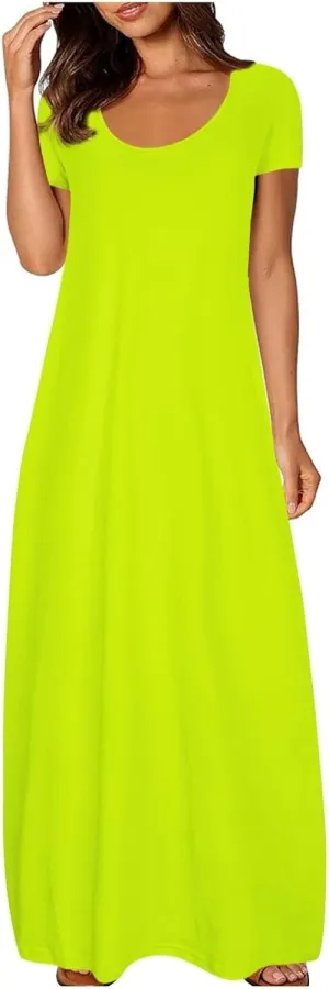 Dresses for Women 2025 Casual Summer Maxi Dresses Short Sleeve Round Neck Dress Plus Size Long Beach Vacation Sundress