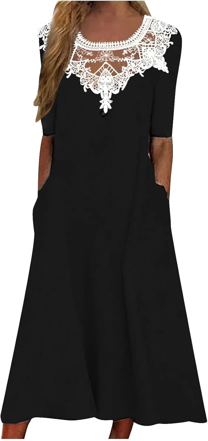 Dresses for Women 2025 Summer Trendy Lace Patchwork Round Neck Short Sleeve Shift Midi Dress with Pocket