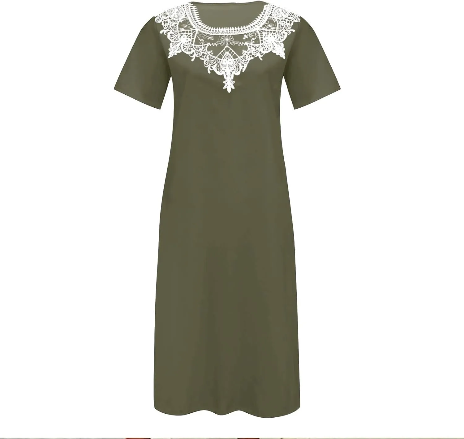 Dresses for Women 2025 Summer Trendy Lace Patchwork Round Neck Short Sleeve Shift Midi Dress with Pocket