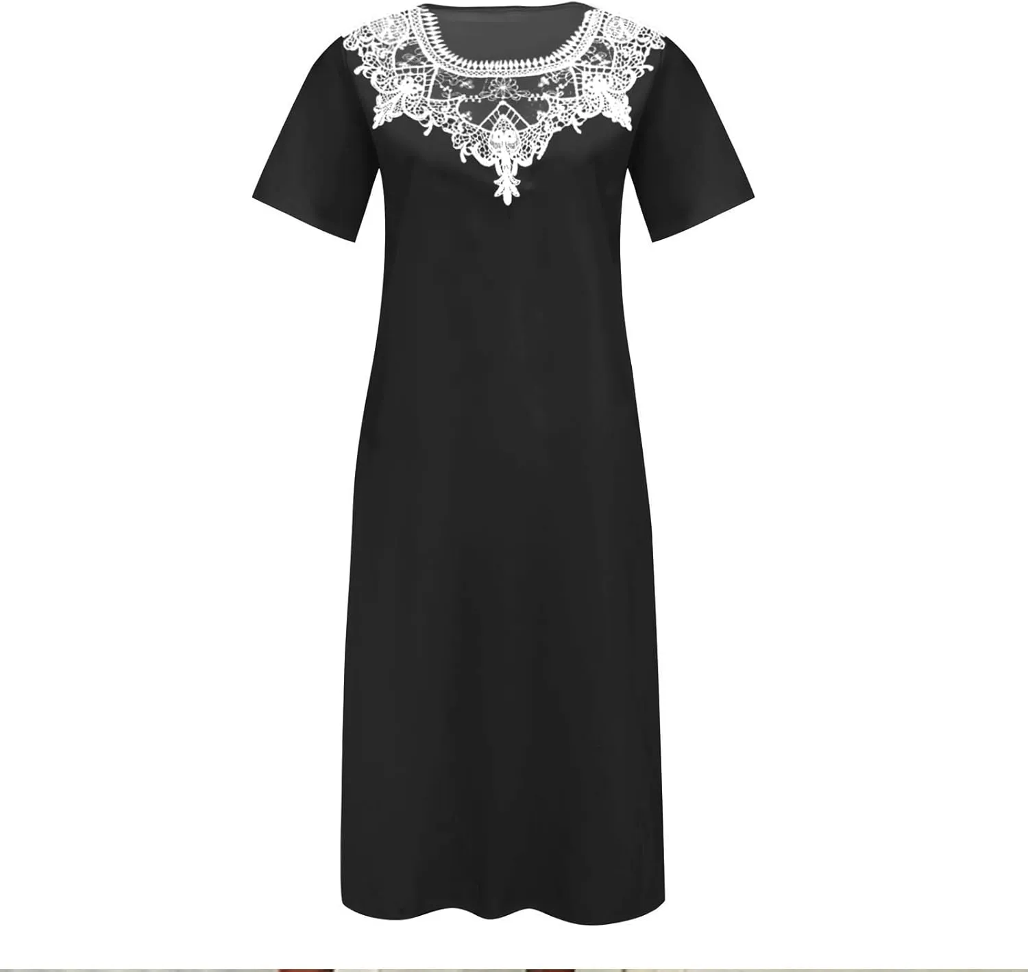 Dresses for Women 2025 Summer Trendy Lace Patchwork Round Neck Short Sleeve Shift Midi Dress with Pocket