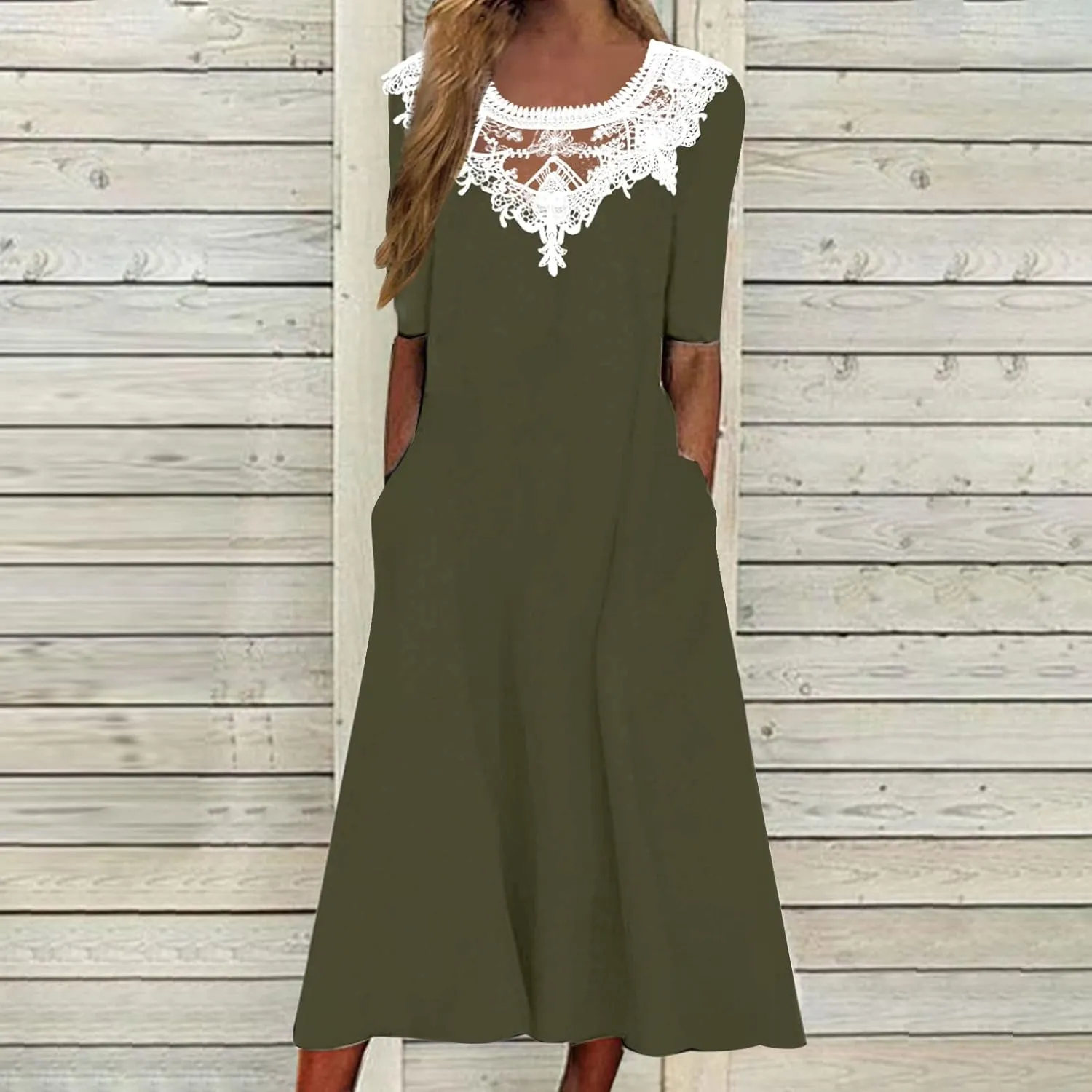 Dresses for Women 2025 Summer Trendy Lace Patchwork Round Neck Short Sleeve Shift Midi Dress with Pocket