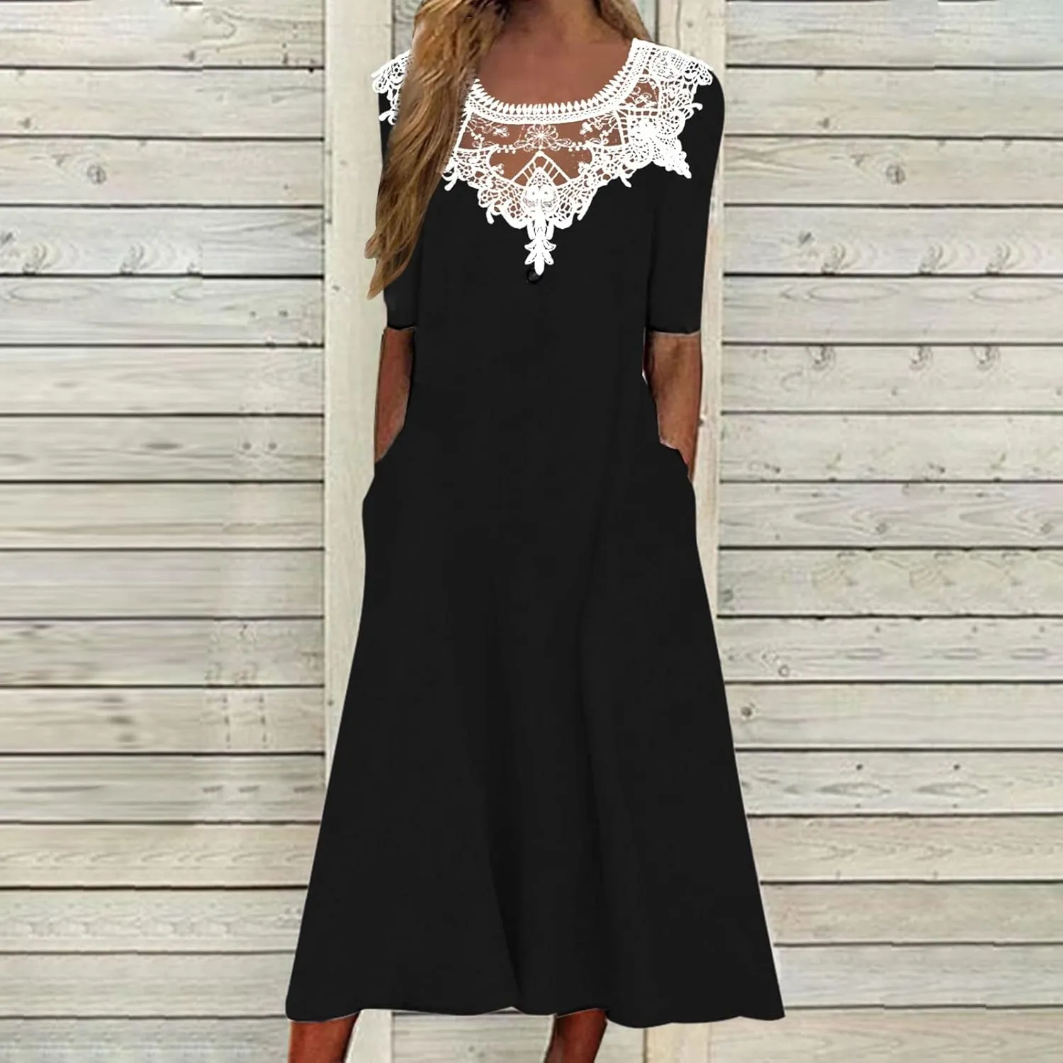 Dresses for Women 2025 Summer Trendy Lace Patchwork Round Neck Short Sleeve Shift Midi Dress with Pocket