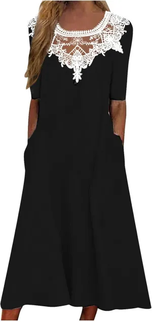 Dresses for Women 2025 Summer Trendy Lace Patchwork Round Neck Short Sleeve Shift Midi Dress with Pocket