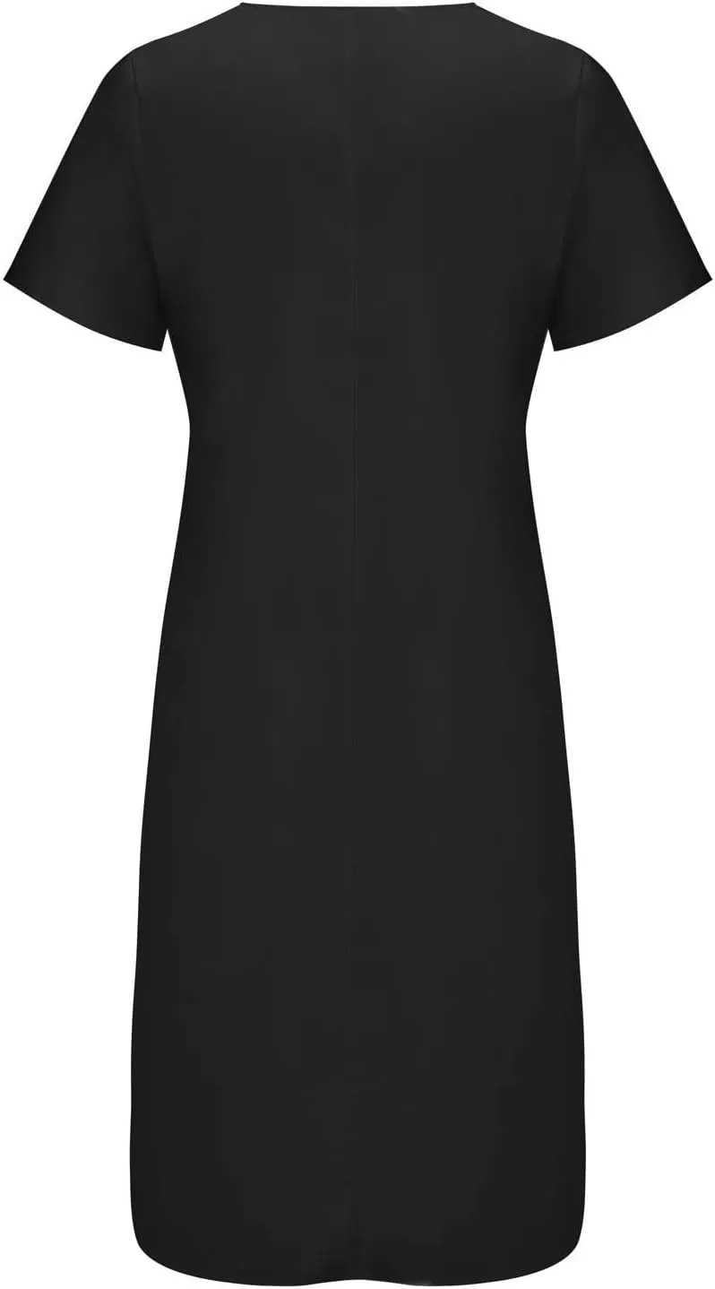 Dresses for Women 2025 Summer Trendy Lace Patchwork Round Neck Short Sleeve Shift Midi Dress with Pocket