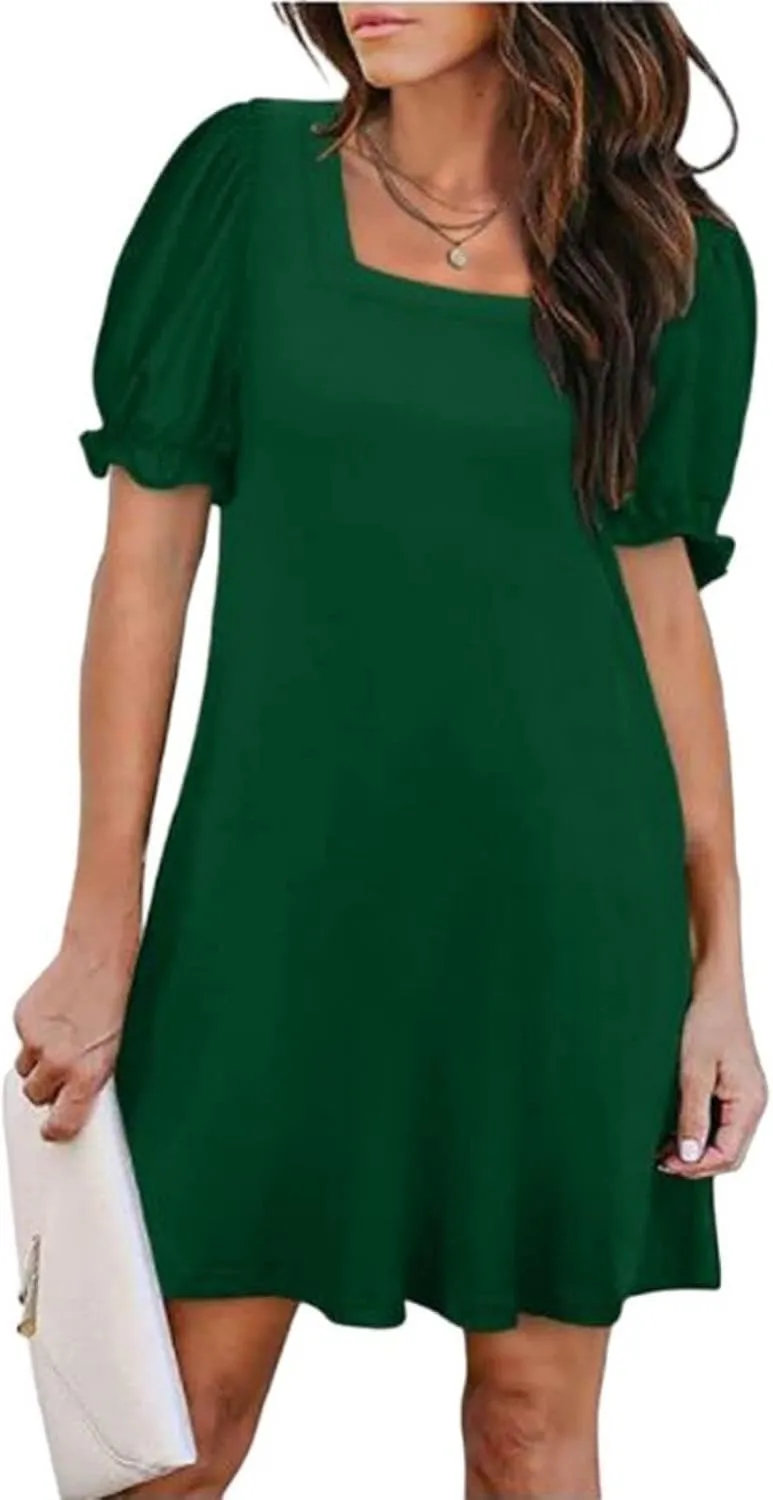 Dresses for Women Puff Sleeve Square Neck Mini Dress Fashion Trendy Dressy Solid Color Dresses Slim Fit Sundress