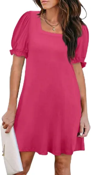 Dresses for Women Puff Sleeve Square Neck Mini Dress Fashion Trendy Dressy Solid Color Dresses Slim Fit Sundress