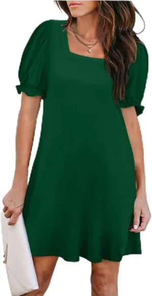 Dresses for Women Puff Sleeve Square Neck Mini Dress Fashion Trendy Dressy Solid Color Dresses Slim Fit Sundress