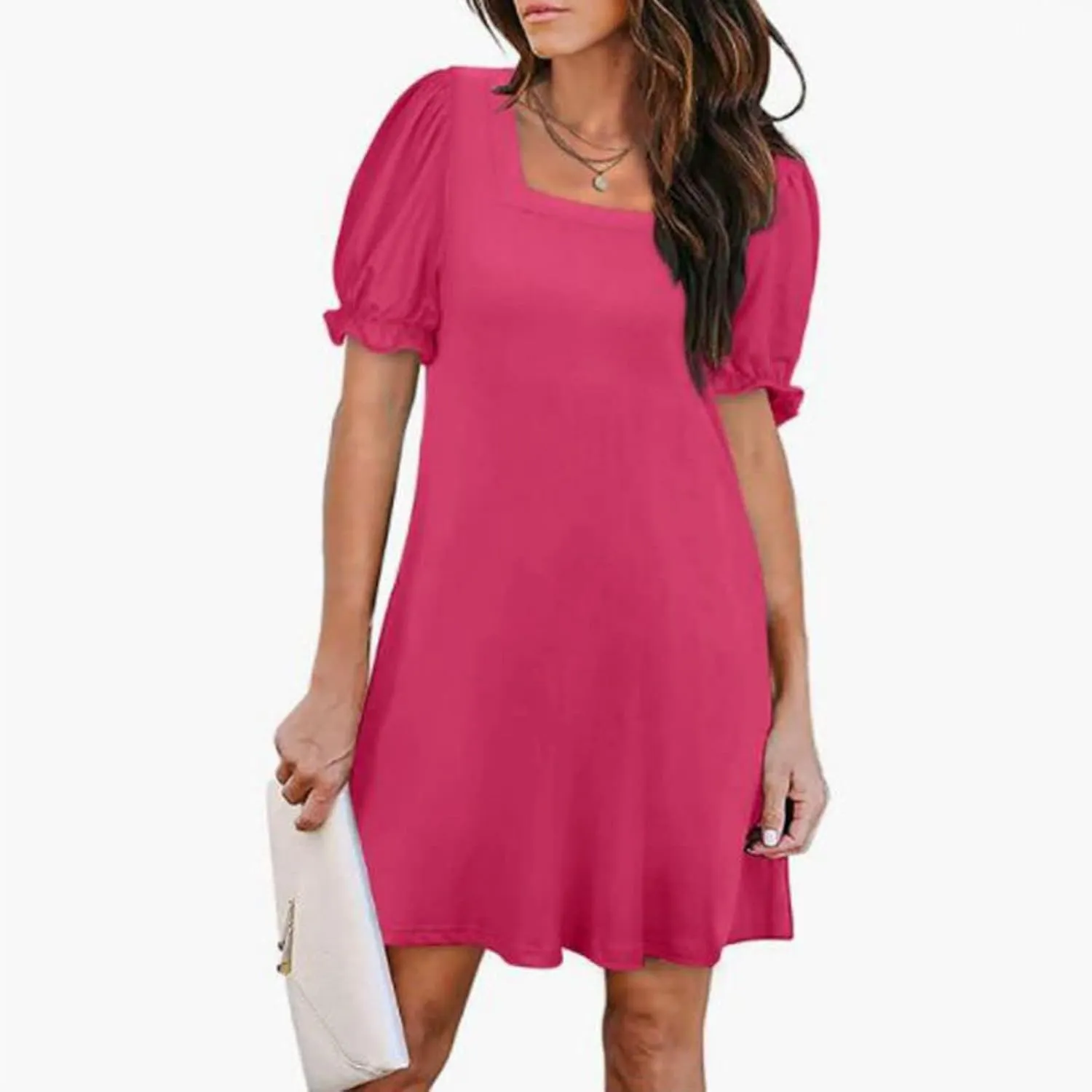 Dresses for Women Puff Sleeve Square Neck Mini Dress Fashion Trendy Dressy Solid Color Dresses Slim Fit Sundress