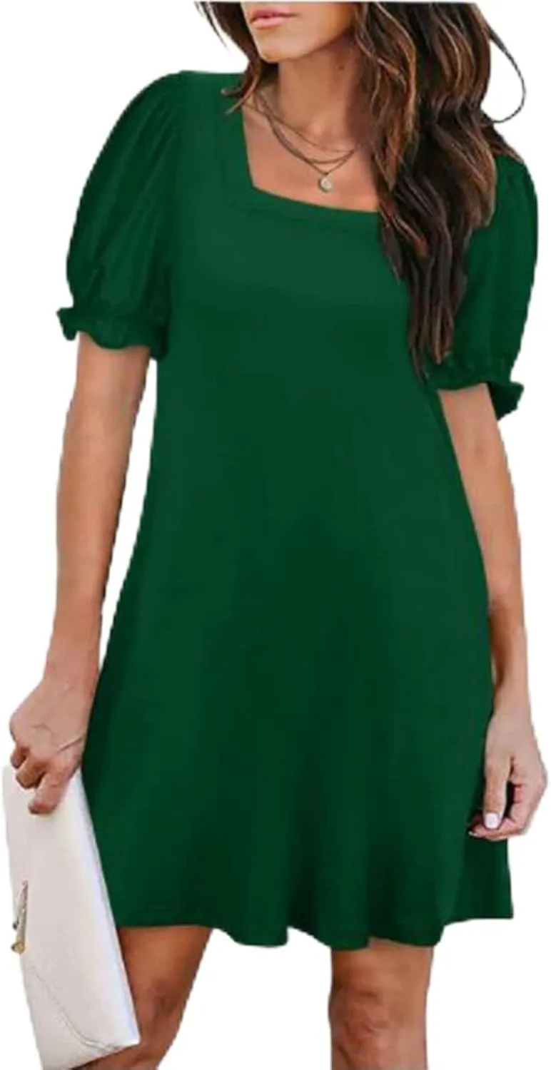 Dresses for Women Puff Sleeve Square Neck Mini Dress Fashion Trendy Dressy Solid Color Dresses Slim Fit Sundress
