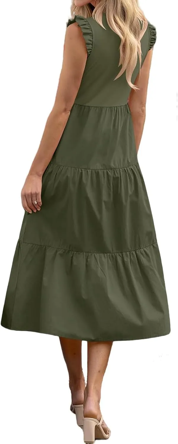 Dresses for Women Ruffle Sleeveless Midi Dress Summer Elastic Waist Tiered Midi Dress Casual Dressy Dresses 2025