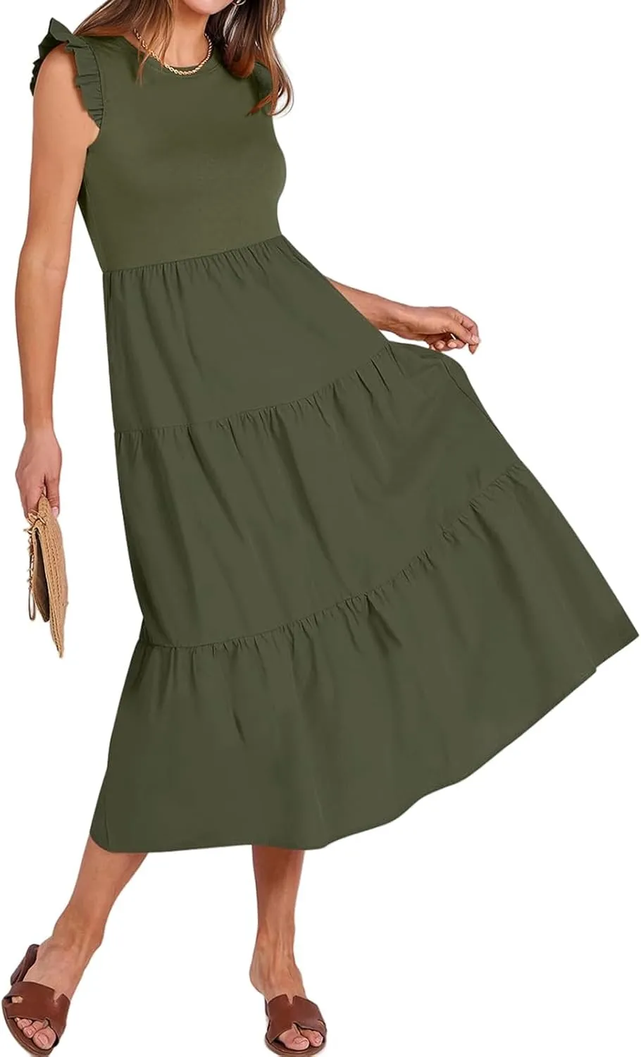Dresses for Women Ruffle Sleeveless Midi Dress Summer Elastic Waist Tiered Midi Dress Casual Dressy Dresses 2025