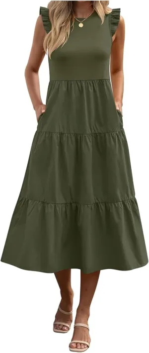 Dresses for Women Ruffle Sleeveless Midi Dress Summer Elastic Waist Tiered Midi Dress Casual Dressy Dresses 2025