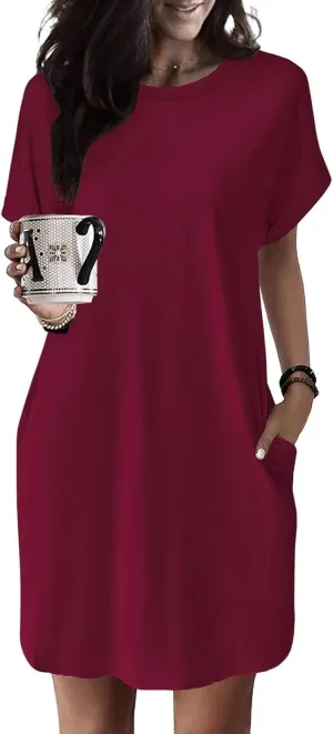 Dresses for Women Summer Batwing Sleeve Crew Neck Mini Dress Solid Color Casual Dressy Sundress Loose Fit Dresses