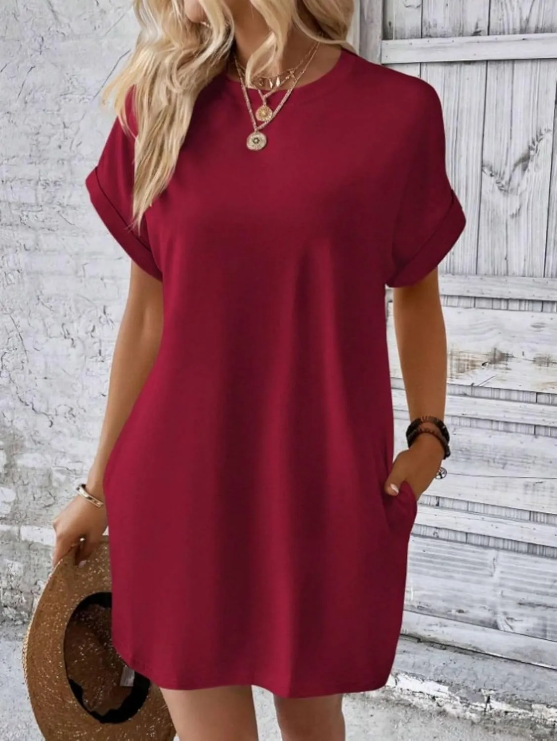 Dresses for Women Summer Batwing Sleeve Crew Neck Mini Dress Solid Color Casual Dressy Sundress Loose Fit Dresses