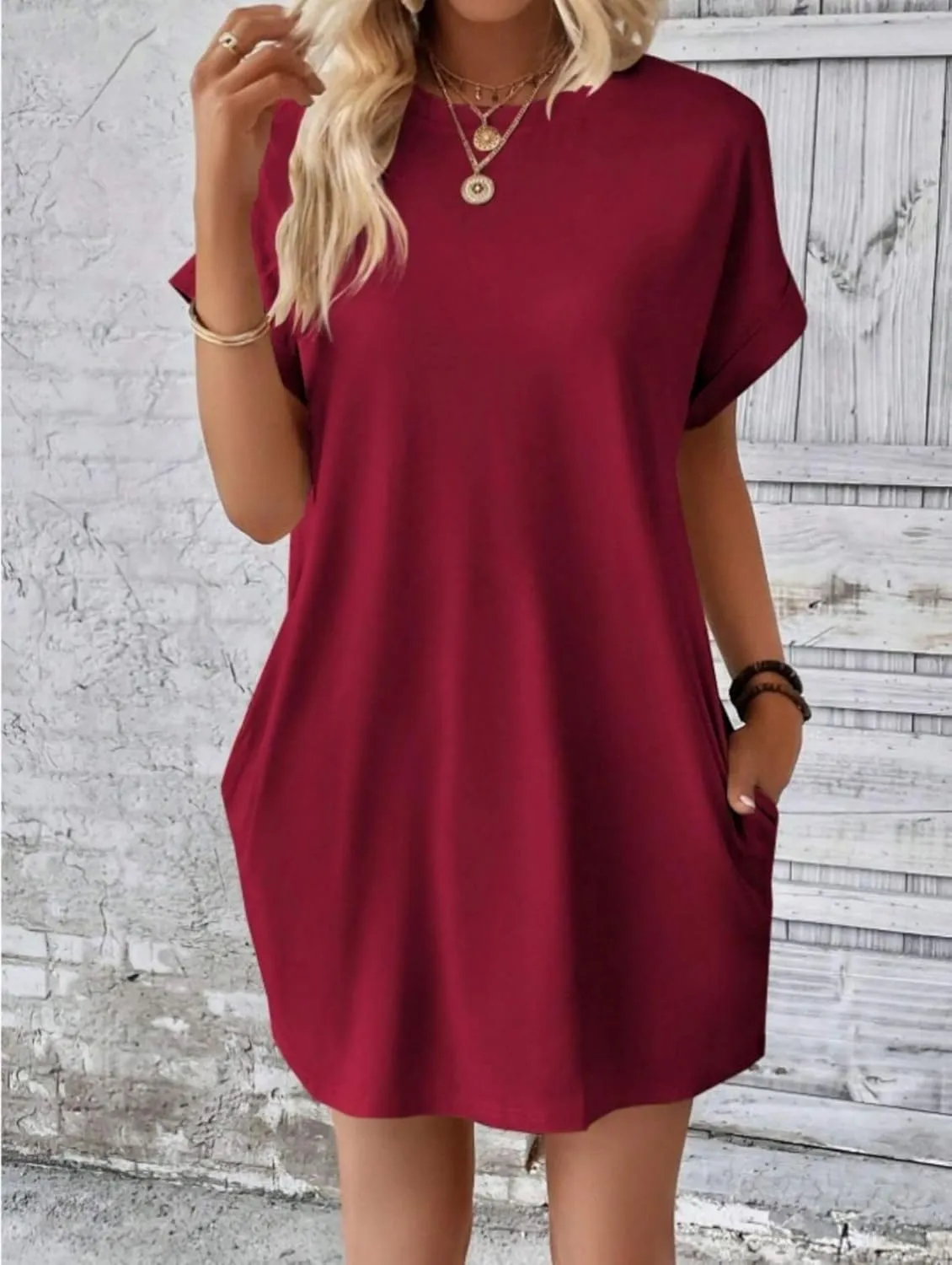 Dresses for Women Summer Batwing Sleeve Crew Neck Mini Dress Solid Color Casual Dressy Sundress Loose Fit Dresses