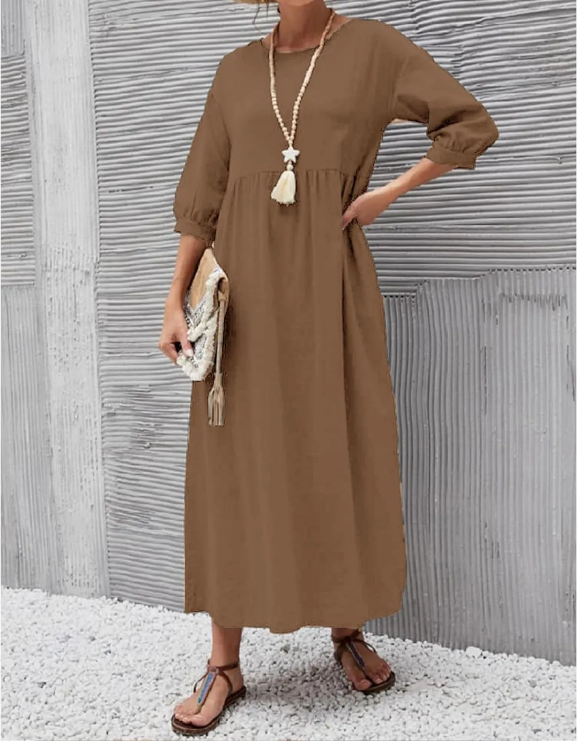 Dresses for Women Summer Cotton Linen 3/4 Sleeve Crewneck Ruffle Dress Loose Fit Casual Dresses with Pocket 2025