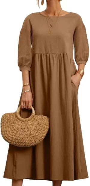 Dresses for Women Summer Cotton Linen 3/4 Sleeve Crewneck Ruffle Dress Loose Fit Casual Dresses with Pocket 2025