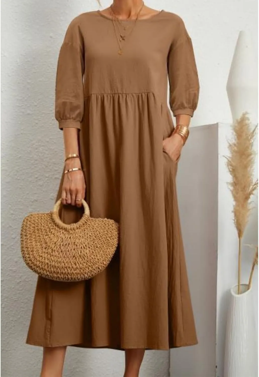 Dresses for Women Summer Cotton Linen 3/4 Sleeve Crewneck Ruffle Dress Loose Fit Casual Dresses with Pocket 2025