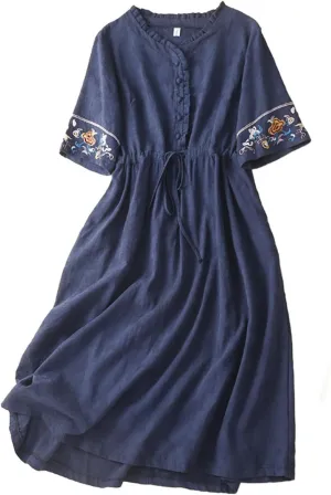 Dresses for Women Vintage Casual Dress Short Sleeve Draw String Office Lady Work Dress Long Dresses 2025