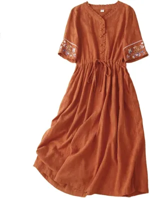 Dresses for Women Vintage Casual Dress Short Sleeve Draw String Office Lady Work Dress Long Dresses 2025