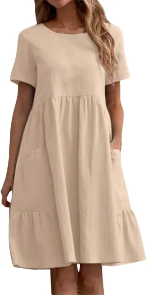 Dresses for Women Vintage Dress Cotton Linen Casual Loose Fit Short Sleeve V Neck Dresses Solid Color Sundress