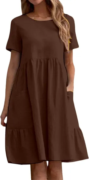 Dresses for Women Vintage Dress Cotton Linen Casual Loose Fit Short Sleeve V Neck Dresses Solid Color Sundress